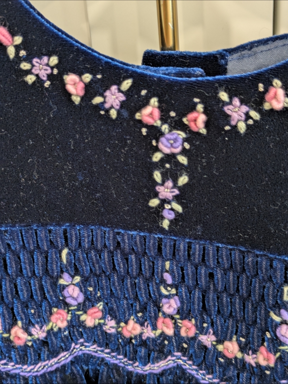 Vintage Marks & Spencer Navy Velvet Dress with Pink Floral Embroidery/Smocking - Picture 4 of 7